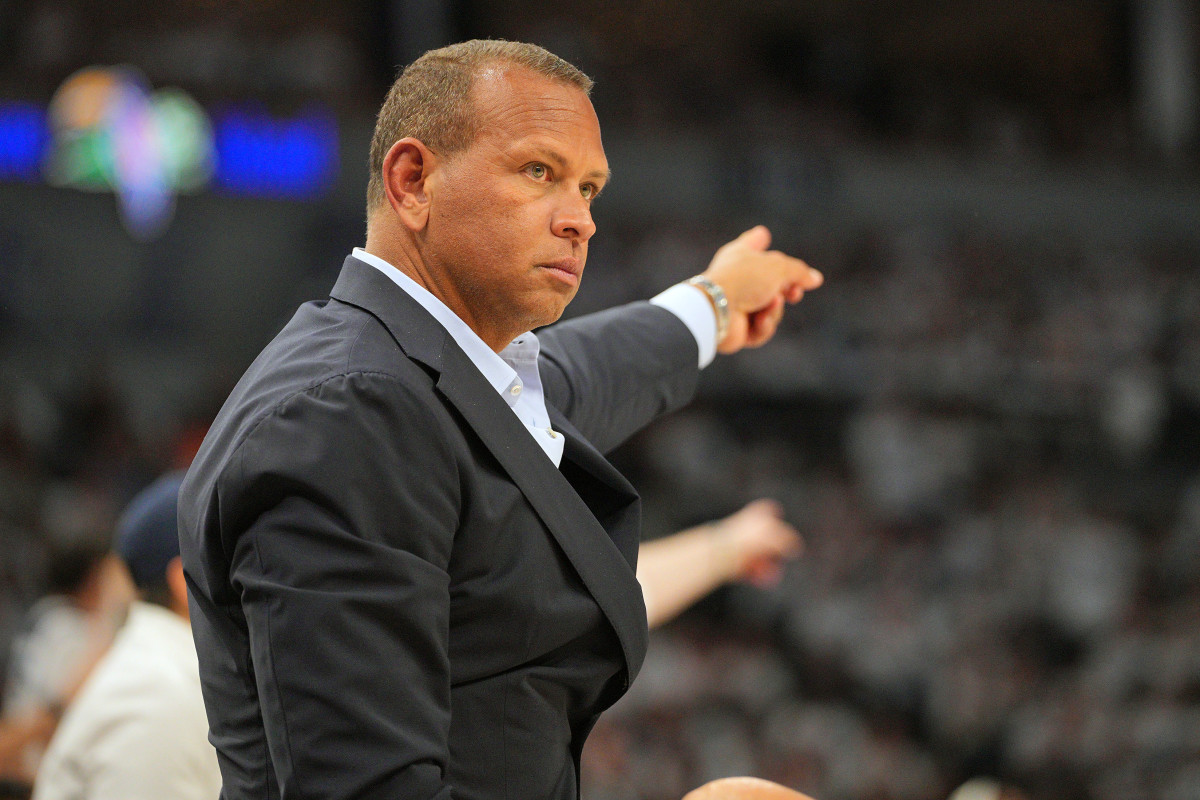 May 24, 2025; Minneapolis, Minnesota, USA; Minnesota Timberwolves co-owner Alex Rodriguez reacts against the Oklahoma City Thunder during the first half in game three of the western conference finals for the 2025 NBA Playoffs at Target Center.