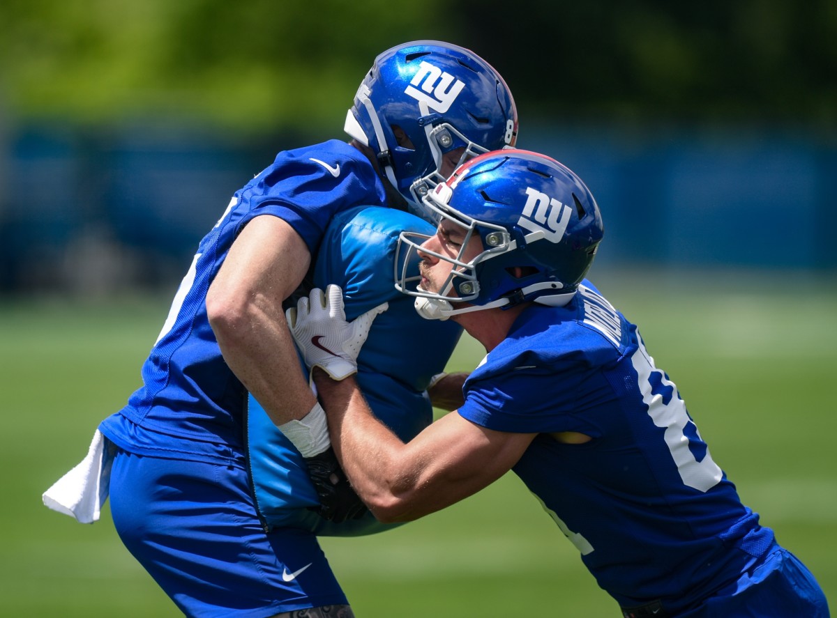 New York Giants tight end Thomas Fidone II (86) speaks during a press conference after rookie minicamp at Quest Diagnostics Training Center.