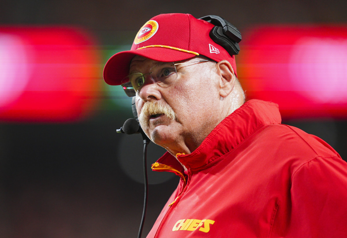 Sep 5, 2024; Kansas City, Missouri, USA; Kansas City Chiefs head coach Andy Reid reacts during the first half against the Baltimore Ravens at GEHA Field at Arrowhead Stadium.