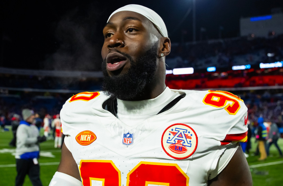 Jan 21, 2024; Orchard Park, New York, USA; Kansas City Chiefs defensive end Charles Omenihu (90) against the Buffalo Bills in the 2024 AFC divisional round game at Highmark Stadium.