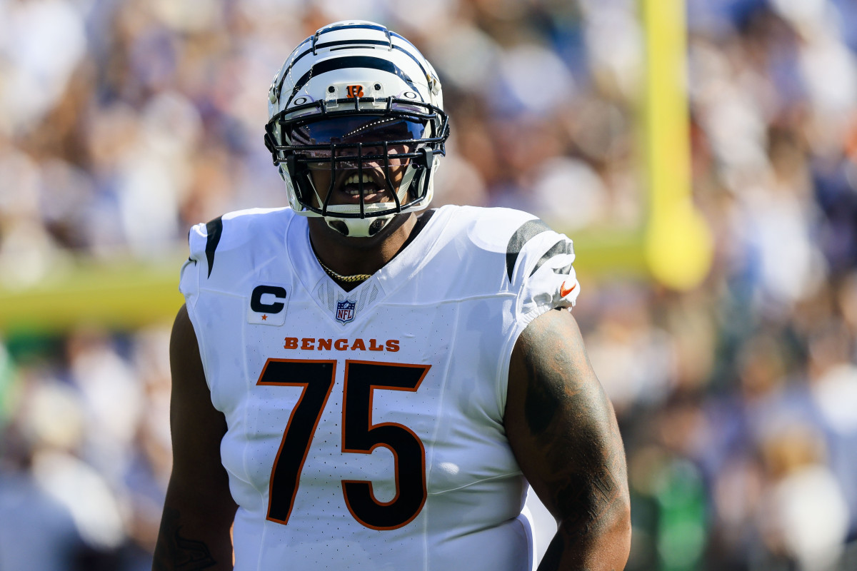 Oct 27, 2024; Cincinnati, Ohio, USA; Cincinnati Bengals offensive tackle Orlando Brown Jr. (75) runs onto the field before the game against the Philadelphia Eagles at Paycor Stadium.