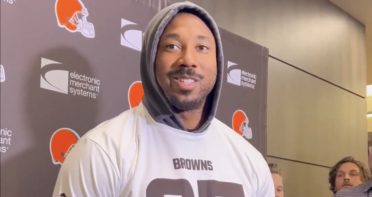 Cleveland Browns defensive end Myles Garrett addresses the media ahead of Week 12 Thursday Night Football matchup with Pittsburgh Steelers