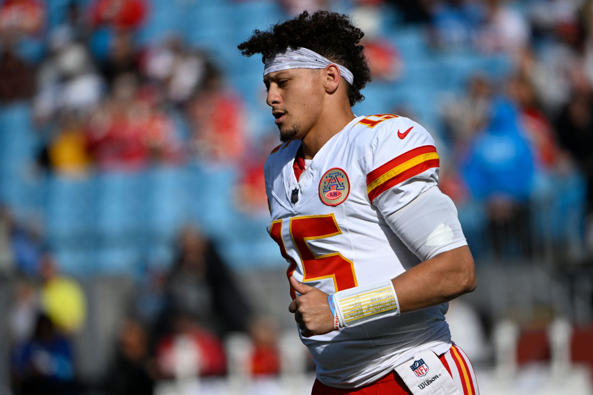 Nov 24, 2024; Charlotte, North Carolina, USA; Kansas City Chiefs quarterback Patrick Mahomes (15) before the game at Bank of America Stadium.