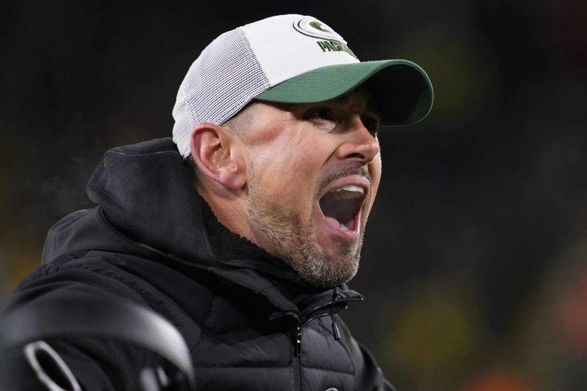 Green Bay Packers head coach Matt LaFleur reacts to a call during the fourth quarter against the Miami Dolphins at Lambeau Field.