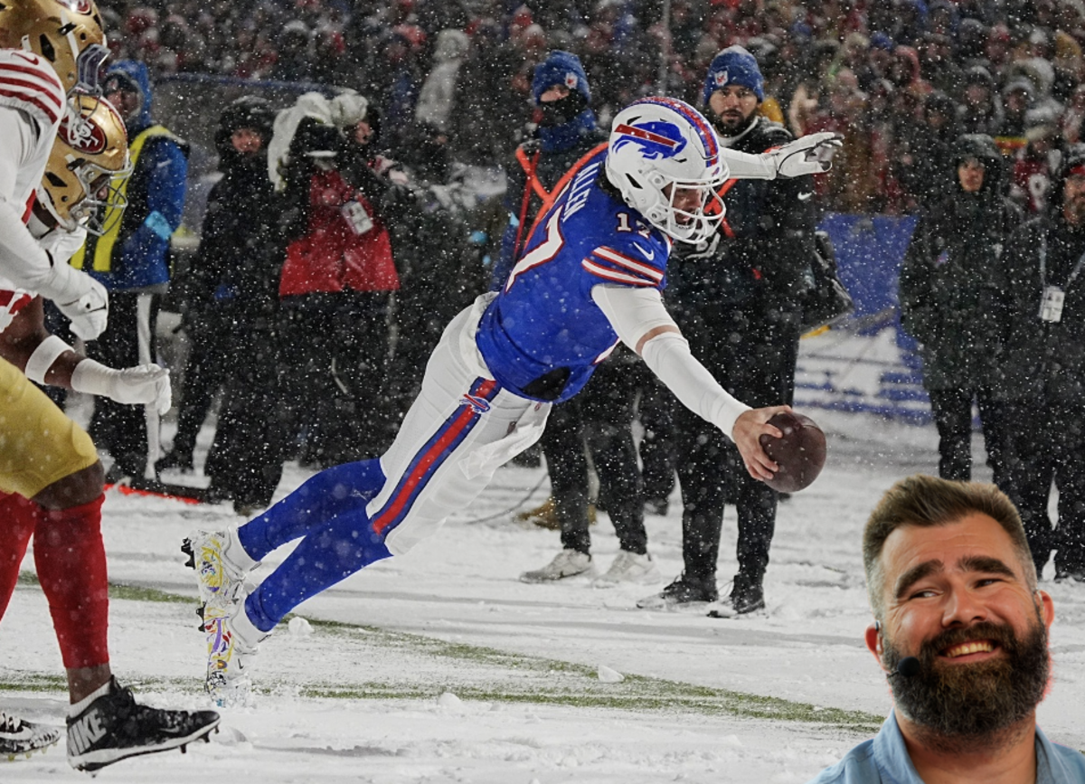 Jason Kelce speaks about Josh Allen's lateral touchdown on his New Heights podcast with Travis Kelce.