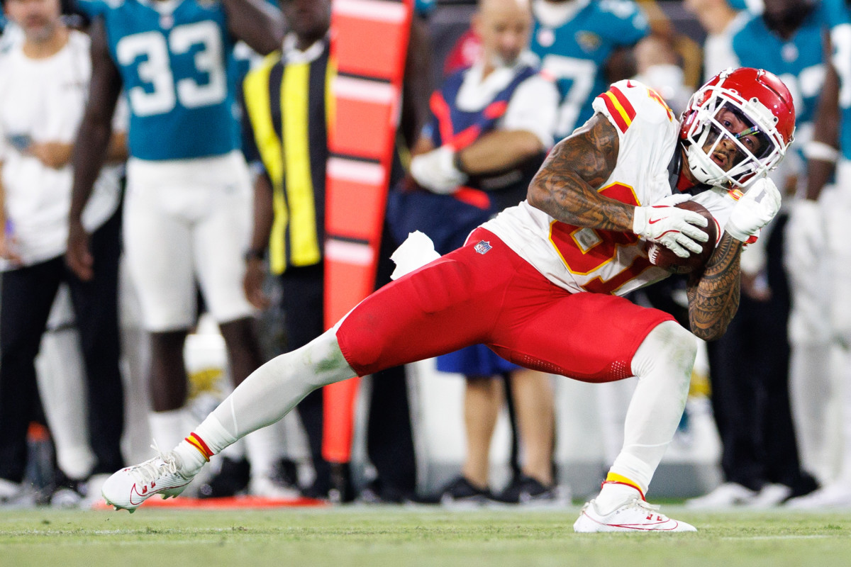 Aug 10, 2024; Jacksonville, Florida, USA; Kansas City Chiefs wide receiver Nikko Remigio (81) makes a reception during the third quarter against the Jacksonville Jaguars at EverBank Stadium.