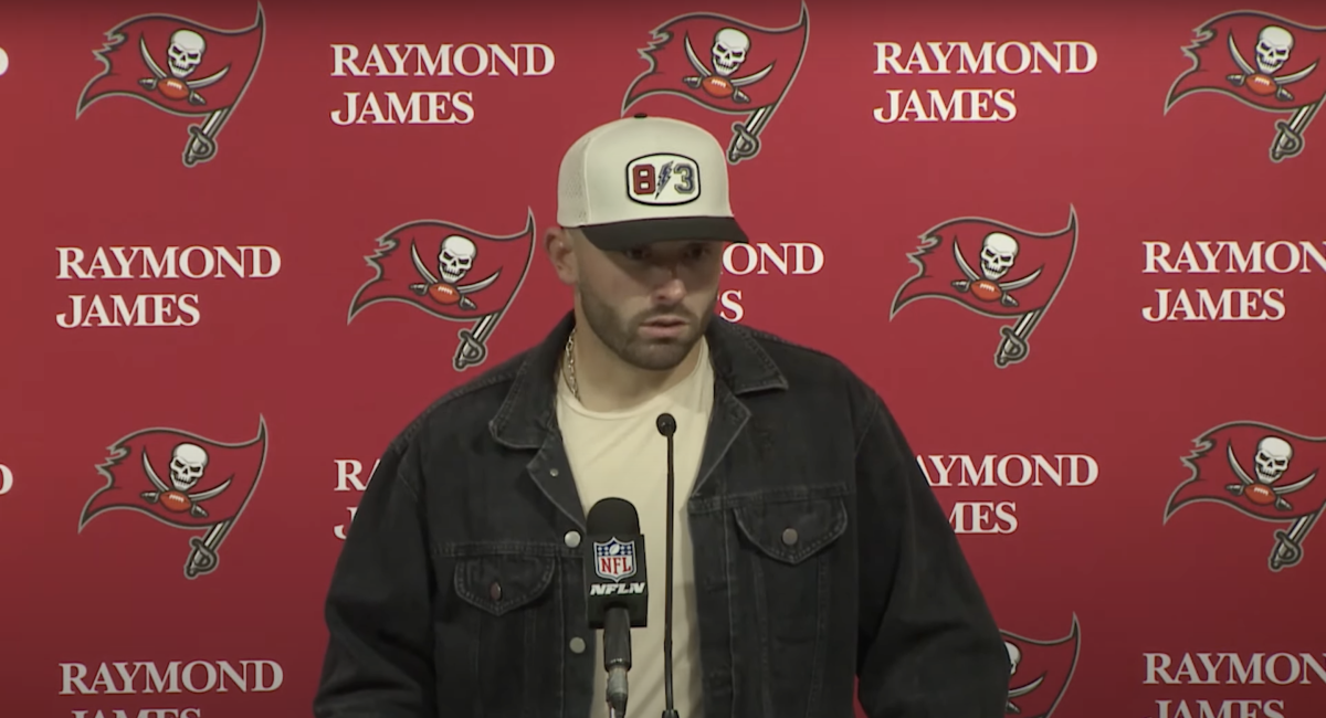 Baker Mayfield talks to reporters after the Bucs' win over the Raiders.