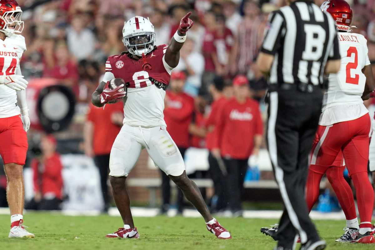 Oklahoma Sooners wide receiver Deion Burks (6) gestures after a reception during a college football game between the University of Oklahoma Sooners (OU) and the Houston Cougars at Gaylord Family – Oklahoma Memorial Stadium in Norman, Okla., Saturday, Sept. 7, 2024.