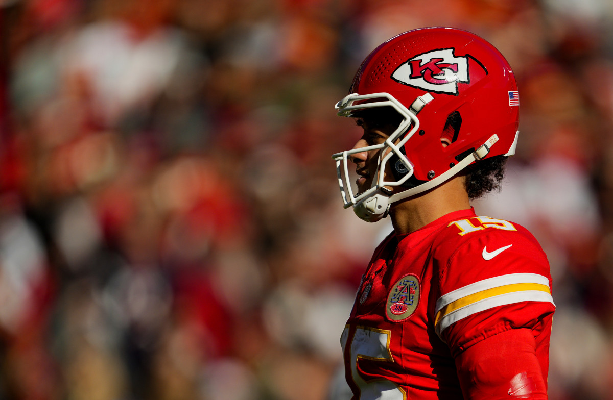 Dec 21, 2024; Kansas City, Missouri, USA; Kansas City Chiefs quarterback Patrick Mahomes (15) reacts during the first half against the Houston Texans at GEHA Field at Arrowhead Stadium.