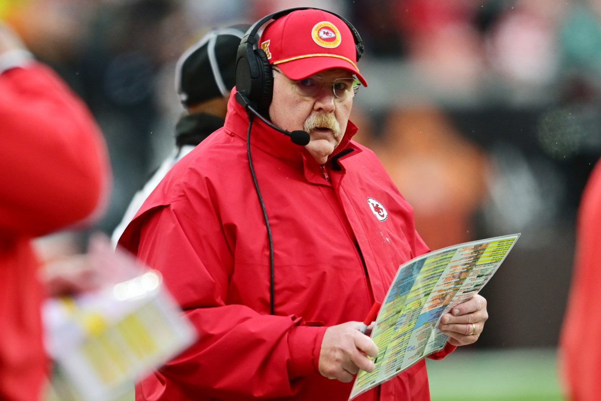 Dec 15, 2024; Cleveland, Ohio, USA; Kansas City Chiefs head coach Andy Reid during the first half against the Cleveland Browns at Huntington Bank Field. Mandatory Credit: Ken Blaze-Imagn Images 