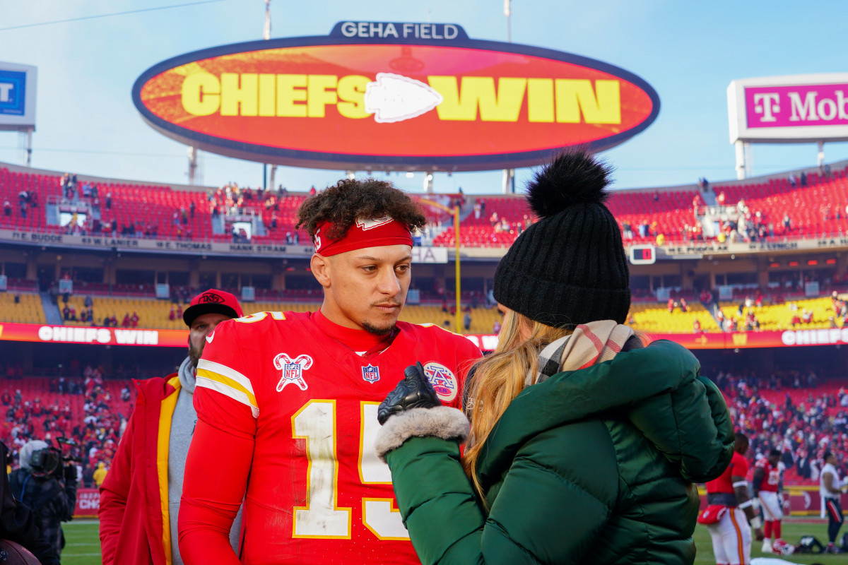 Dec 21, 2024; Kansas City, Missouri, USA; Kansas City Chiefs quarterback Patrick Mahomes (15) speaks to media after the win over the Houston Texans at GEHA Field at Arrowhead Stadium.