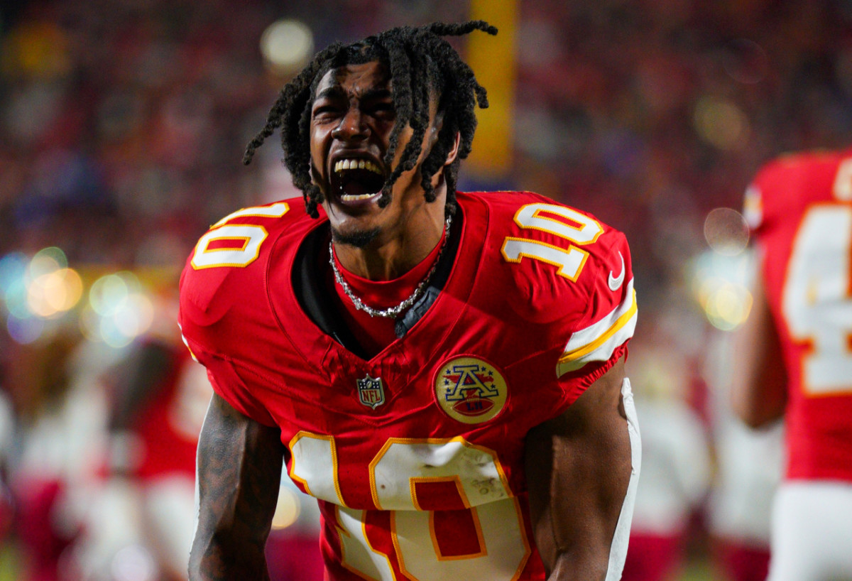 Dec 8, 2024; Kansas City, Missouri, USA; Kansas City Chiefs running back Isiah Pacheco (10) celebrates toward fans prior to a game against the Los Angeles Chargers at GEHA Field at Arrowhead Stadium.