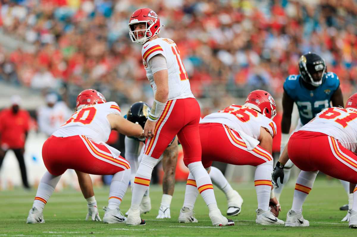 Kansas City Chiefs quarterback Carson Wentz (11) calls a play during the first quarter of a preseason NFL football game Saturday, Aug. 10, 2024 at EverBank Stadium in Jacksonville, Fla.