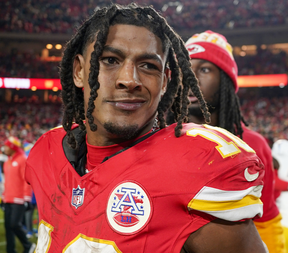 Dec 8, 2024; Kansas City, Missouri, USA; Kansas City Chiefs running back Isiah Pacheco (10) celebrates on field after the win over the Los Angeles Chargers at GEHA Field at Arrowhead Stadium.