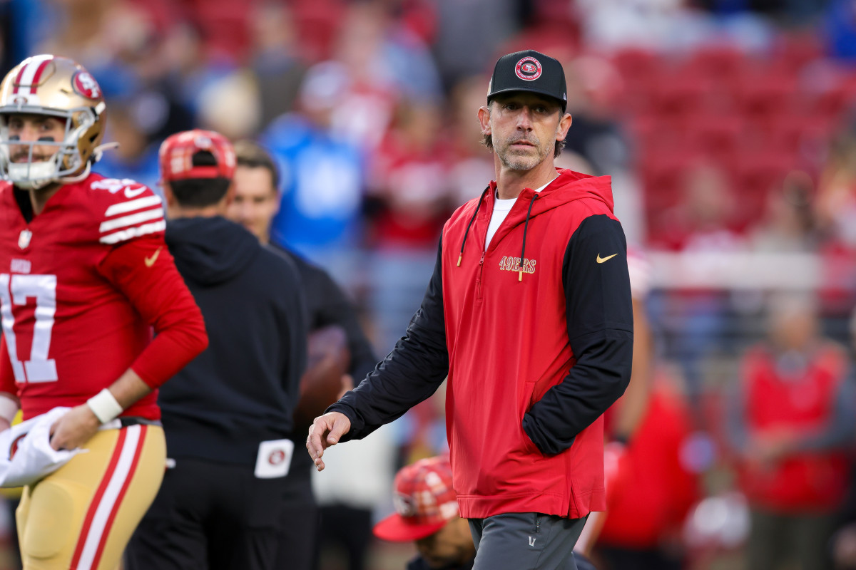 San Francisco 49ers head coach Kyle Shanahan walks onto the field before the game against the Detroit Lions at Levi's Stadium.