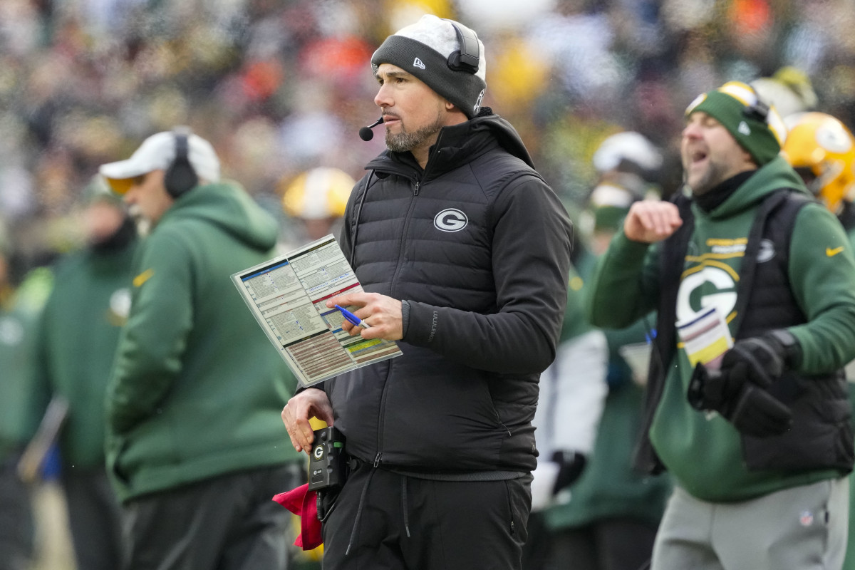 Green Bay Packers head coach Matt LaFleur looks on during the fourth quarter against the Chicago Bears at Lambeau Field.