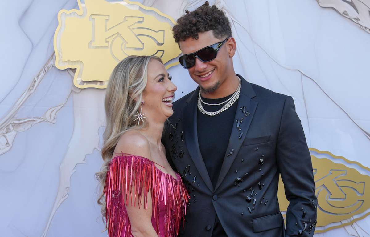 Jun 13, 2024; Kansas City, MO, USA; Kansas City Chiefs quarterback Patrick Mahomes and wife Brittany pose for a photo on the red carpet at the Nelson Art Gallery.