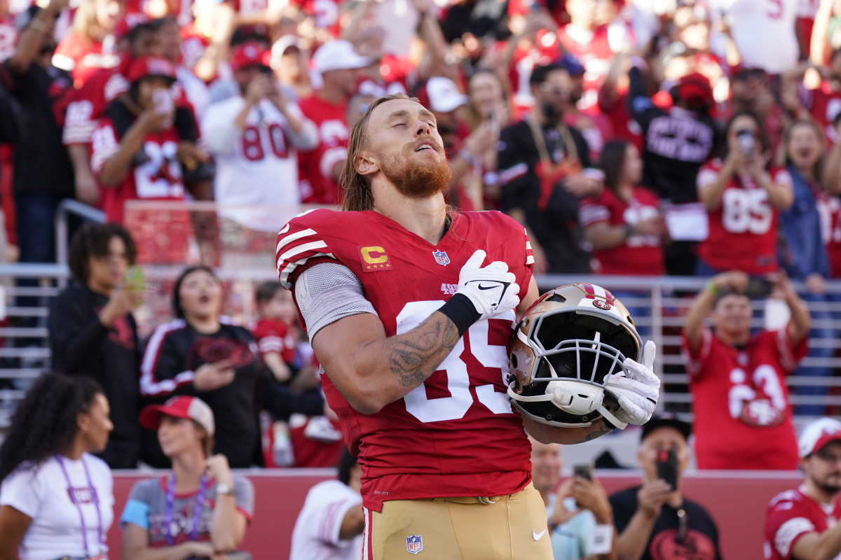 San Francisco 49ers tight end George Kittle (85) mentally prepares before the start of the game against the New York Jets at Levi's Stadium.