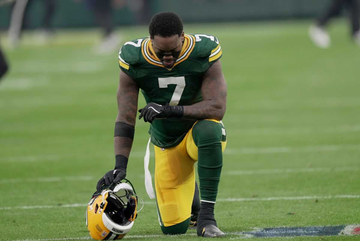 Green Bay Packers linebacker Quay Walker (7) takes a moment before their game against the San Francisco 49ers Sunday, November 24, 2024 at Lambeau Field in Green Bay, Wisconsin.