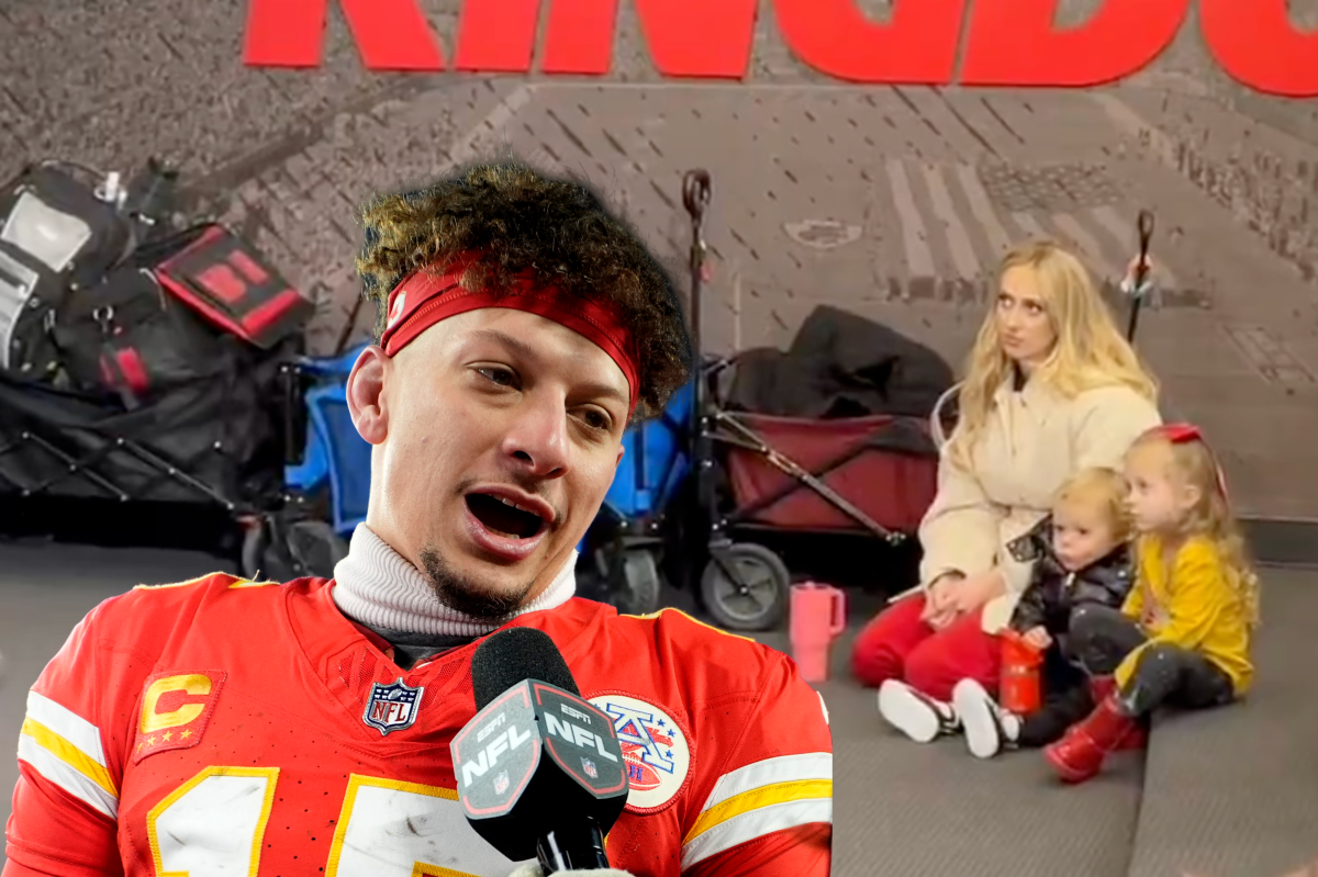 Patrick Mahomes' family watches along as he does his postgame press conference.