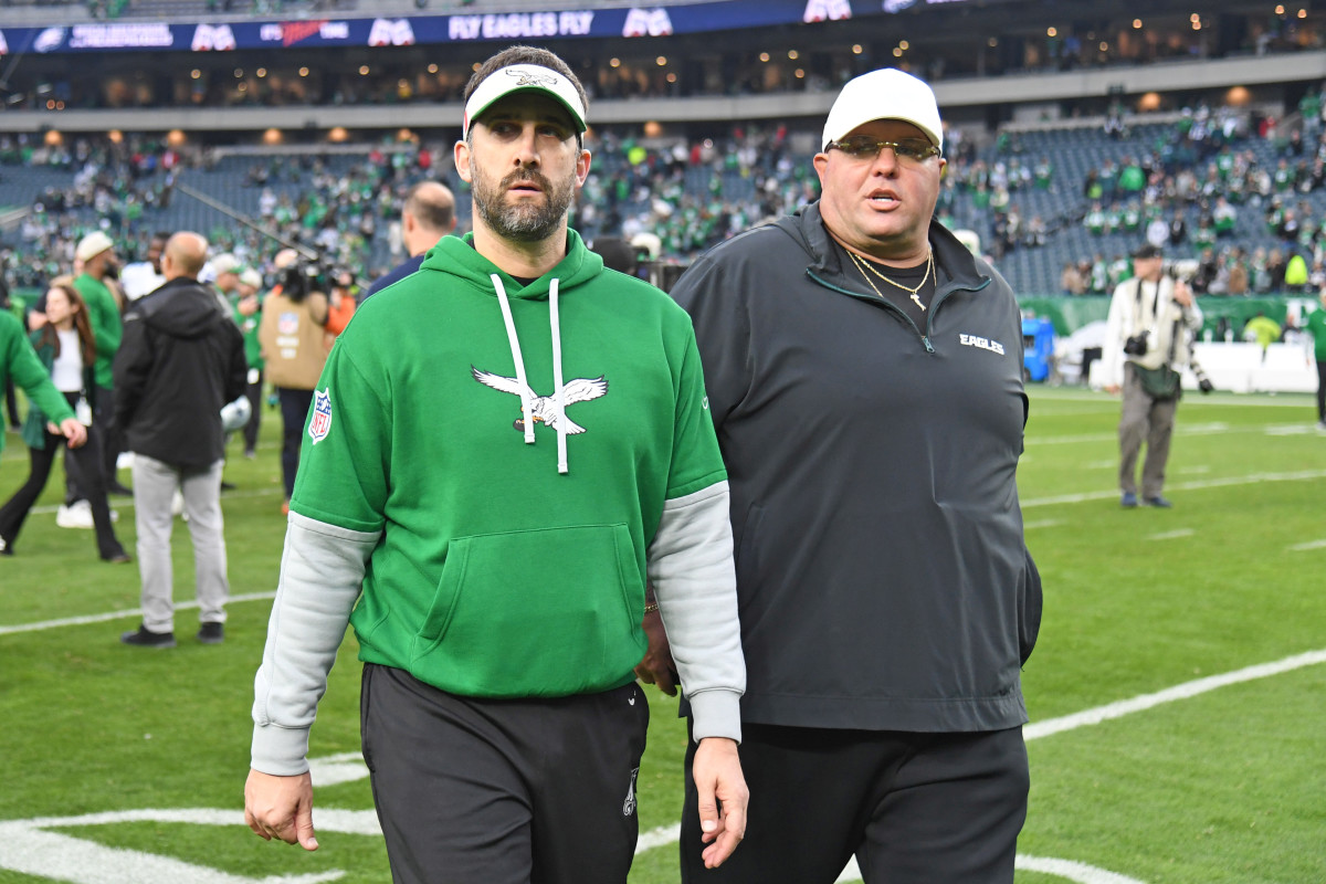 Dec 29, 2024; Philadelphia, Pennsylvania, USA; Philadelphia Eagles head coach Nick Sirianni and chief security officer Dom DiSandro after win against the Dallas Cowboys at Lincoln Financial Field.