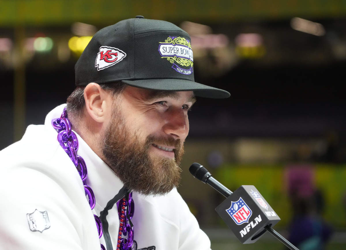 Feb 3, 2025; New Orleans, LA, USA; Kansas City Chiefs tight end Travis Kelce (87) during Super Bowl LIX Opening Night at Ceasars Superdome.