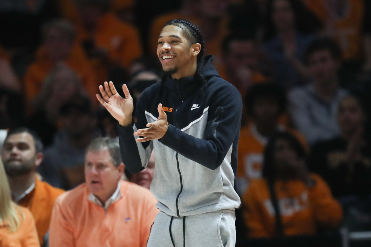 Feb 1, 2025; Knoxville, Tennessee, USA; Tennessee Volunteers guard Zakai Zeigler (5) reacts from the bench during the first half against the Florida Gators at Thompson-Boling Arena at Food City Center.