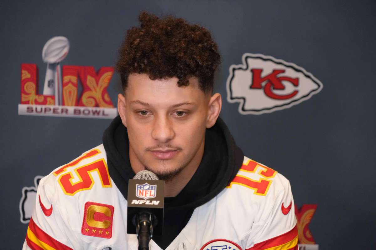 Feb 4, 2025; New Orleans, LA, USA; Kansas City Chiefs quarterback Patrick Mahomes (15) at a press conference in advance of Super Bowl LIX at New Orleans Marriott.