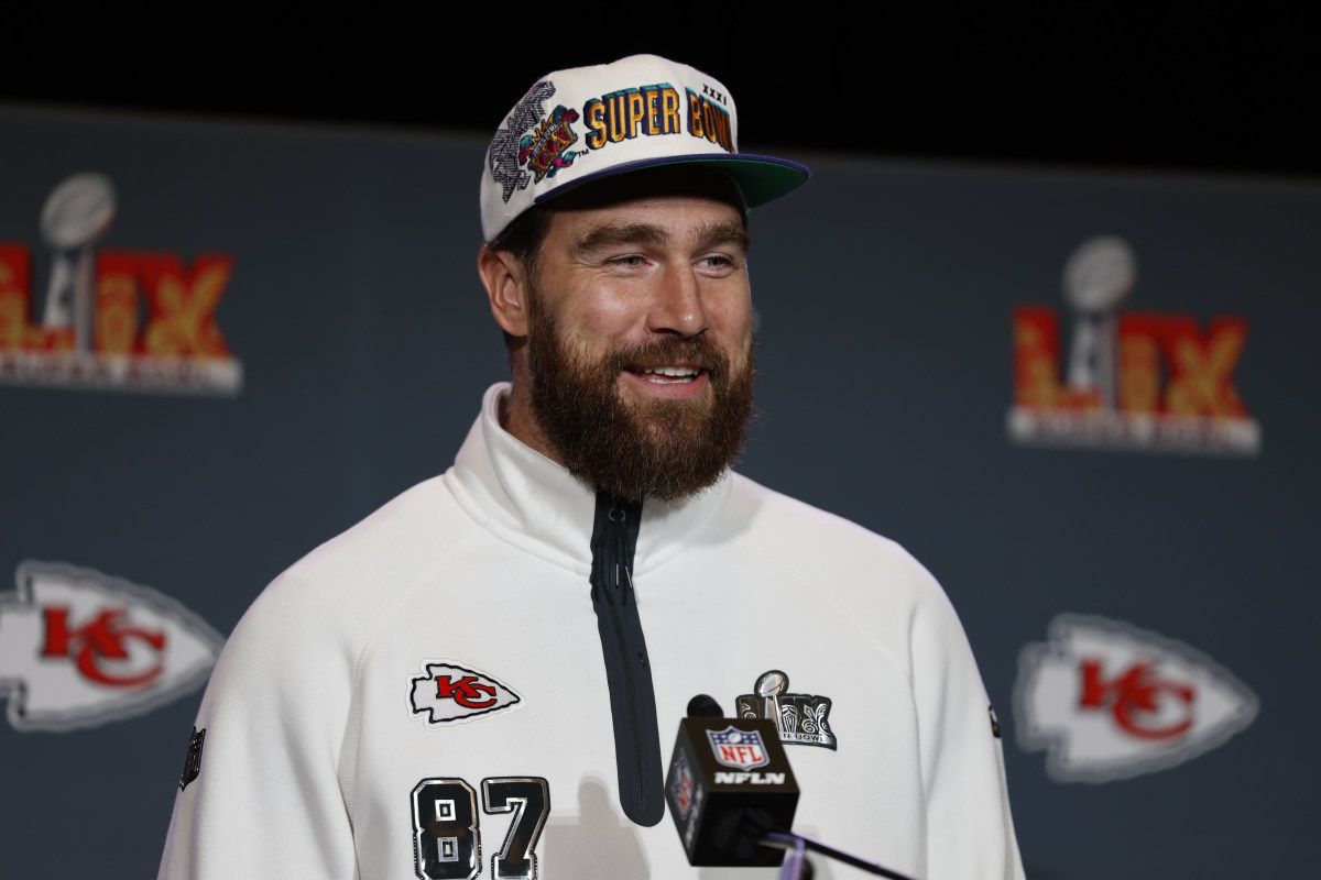 Feb 6, 2025; New Orleans, LA, USA; Kansas City Chiefs tight end Travis Kelce (87) during a press conference in advance of Super Bowl LIX at New Orleans Marriott.