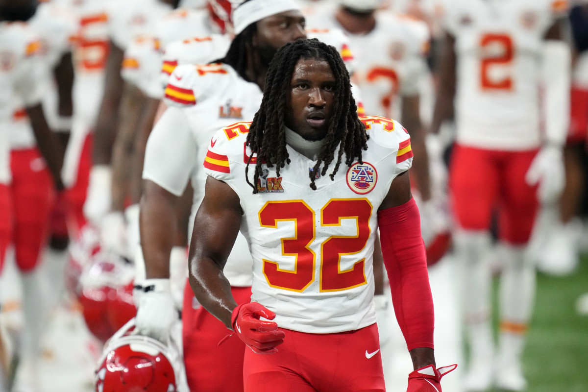 Feb 9, 2025; New Orleans, LA, USA; Kansas City Chiefs linebacker Nick Bolton (32) takes the field before Super Bowl LIX against the Philadelphia Eagles at Caesars Superdome.