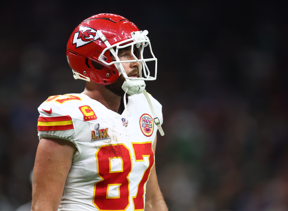 Feb 9, 2025; New Orleans, LA, USA; Kansas City Chiefs tight end Travis Kelce (87) reacts in the fourth quarter against the Philadelphia Eagles in Super Bowl LIX at Ceasars Superdome.