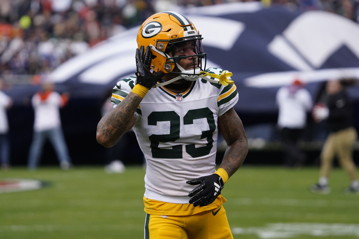 Green Bay Packers cornerback Jaire Alexander (23) gestures to the fans before the game against the Chicago Bears at Soldier Field