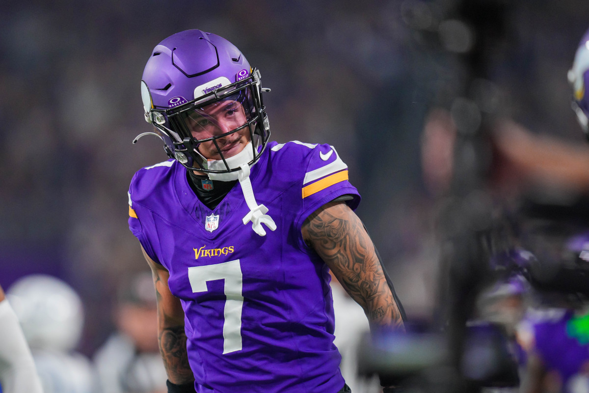 Nov 3, 2024; Minneapolis, Minnesota, USA; Minnesota Vikings cornerback Byron Murphy Jr. (7) celebrates his interception against the Indianapolis Colts in the fourth quarter at U.S. Bank Stadium.