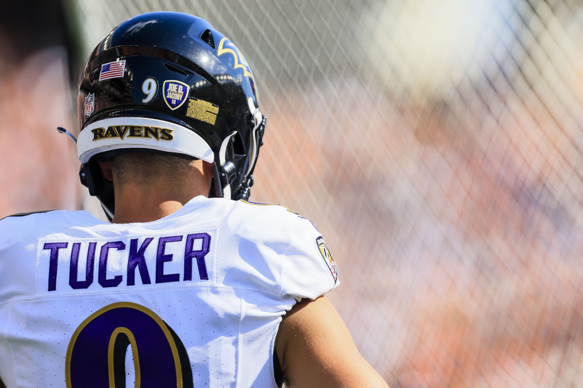 Oct 6, 2024; Cincinnati, Ohio, USA; A general view of the helmet of Baltimore Ravens kicker Justin Tucker (9) as he prepares on the sidelines in the second half against the Cincinnati Bengals at Paycor Stadium.