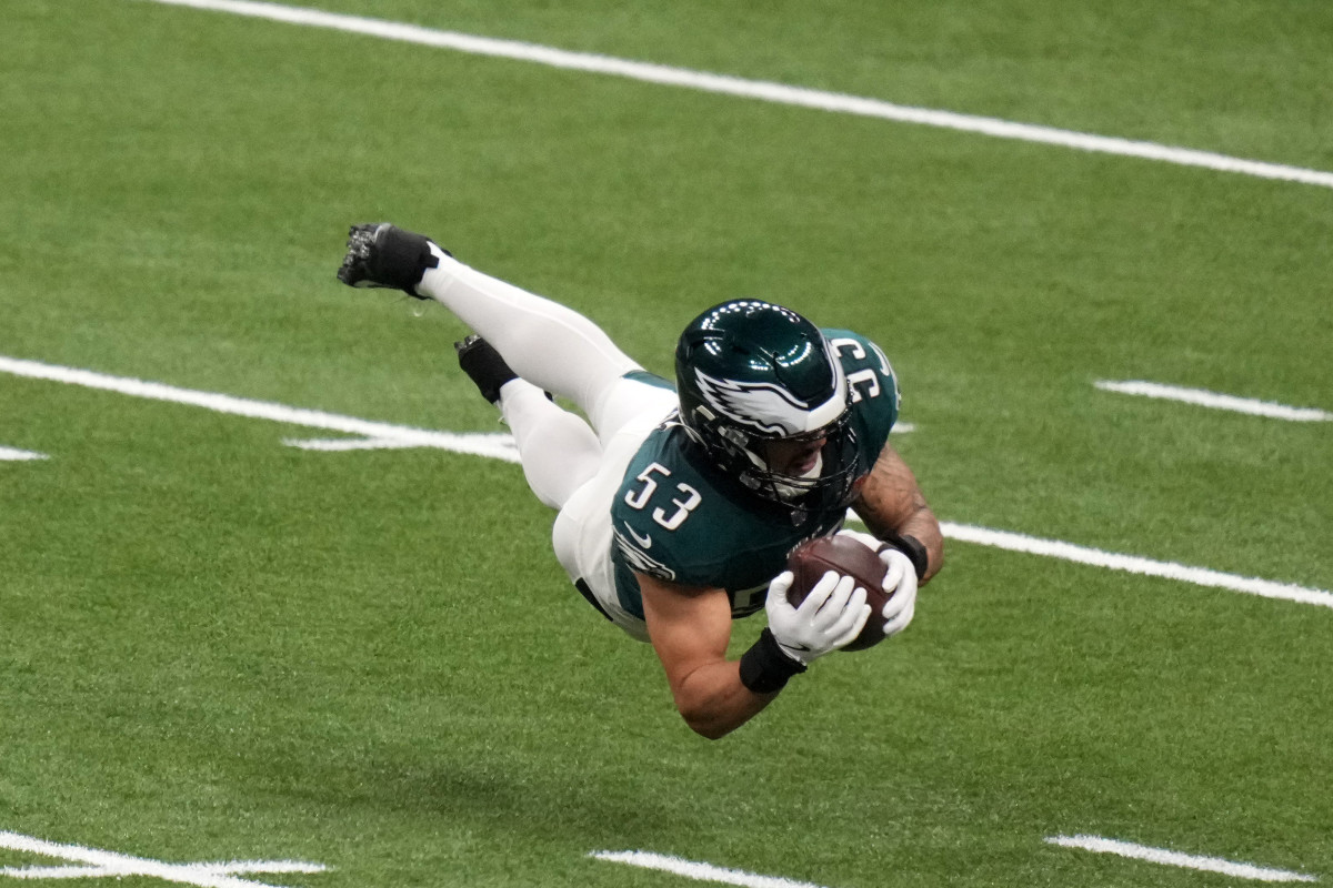 Philadelphia Eagles linebacker Zack Baun (53) makes an interception against Kansas City Chiefs quarterback Patrick Mahomes (not pictured) during the second quarter in Super Bowl LIX at Caesars Superdome.