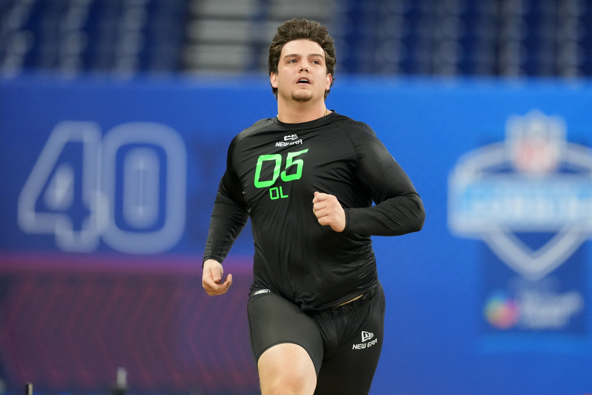 Mar 2, 2025; Indianapolis, IN, USA; LSU offensive lineman Will Campbell (OL05) during the 2025 NFL Scouting Combine at Lucas Oil Stadium.