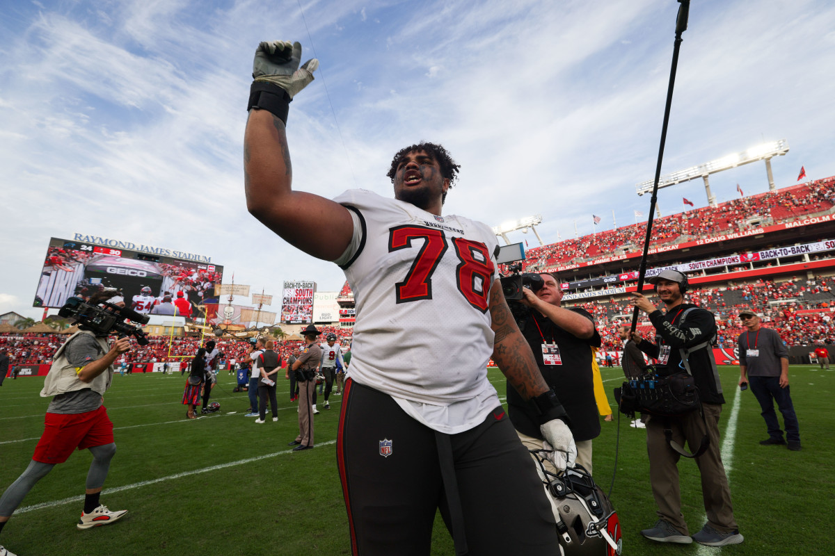 Jan 1, 2023; Tampa, Florida, USA; Tampa Bay Buccaneers offensive tackle Tristan Wirfs (78) celebrates after beating the Carolina Panthers at Raymond James Stadium.