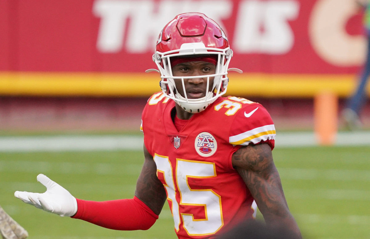 Nov 8, 2020; Kansas City, Missouri, USA; Kansas City Chiefs cornerback Charvarius Ward (35) looks to the sidelines during the game against the Carolina Panthers at Arrowhead Stadium.