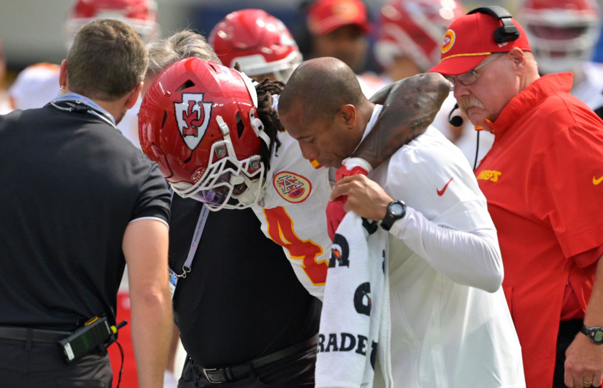Sep 29, 2024; Inglewood, California, USA; Kansas City Chiefs wide receiver Rashee Rice (4) is assisted by medical staff after an injury in the first half against the Los Angeles Chargers at SoFi Stadium.