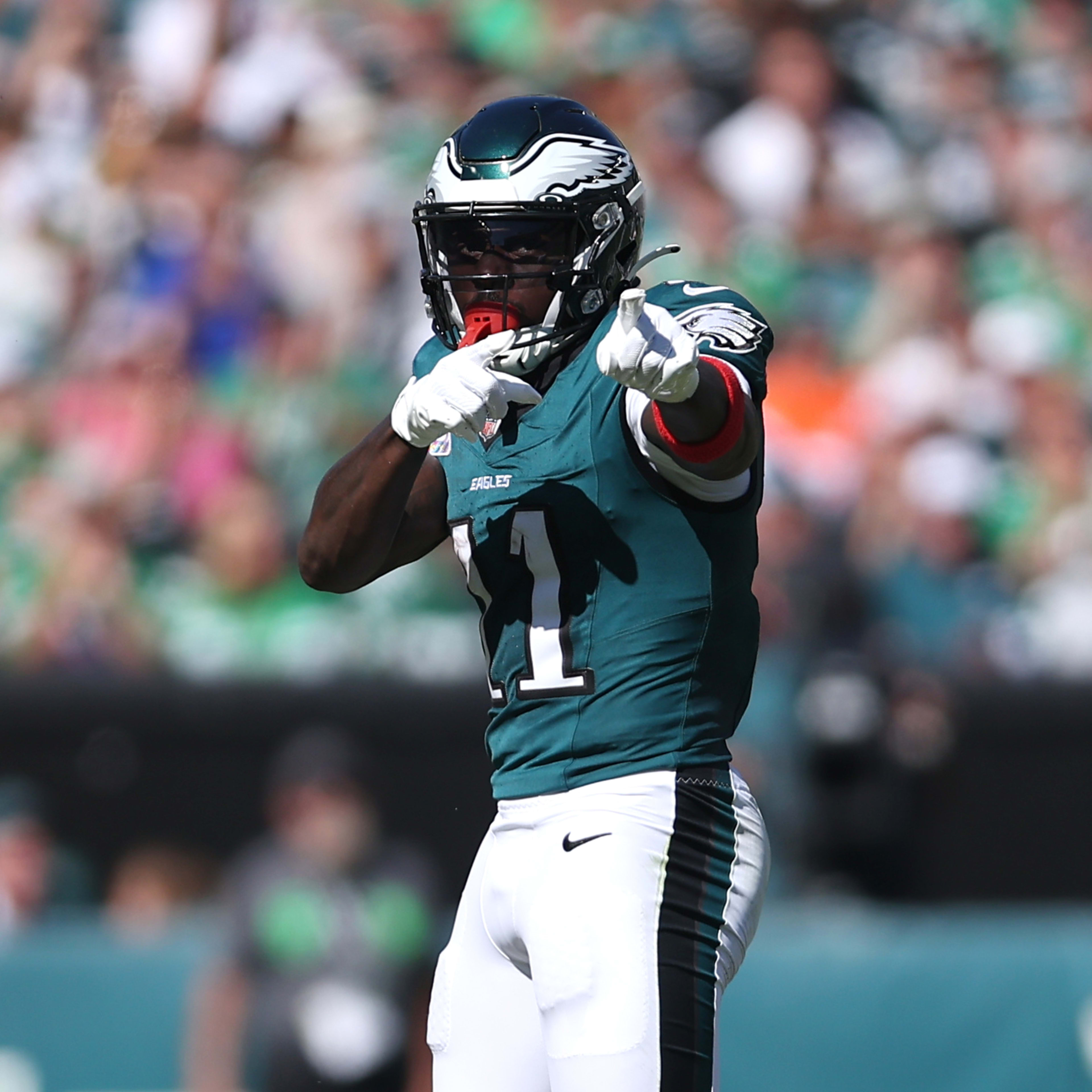 Philadelphia Eagles wide receiver A.J. Brown (11) reacts after a catch against the Denver Broncos in the second quarter at Lincoln Financial Field.