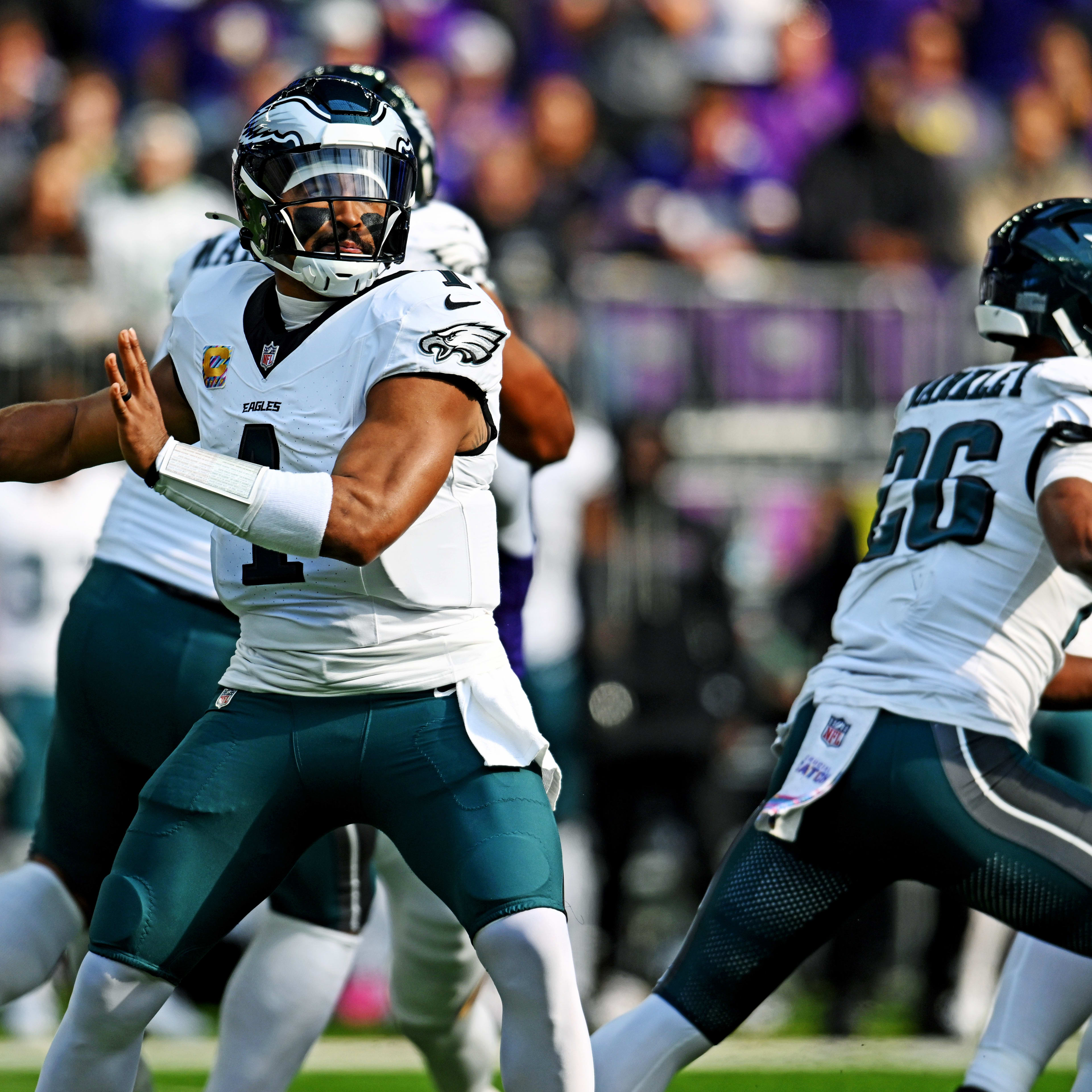 Philadelphia Eagles quarterback Jalen Hurts (1) passes the ball during the first half against the Minnesota Vikings at U.S. Bank Stadium.