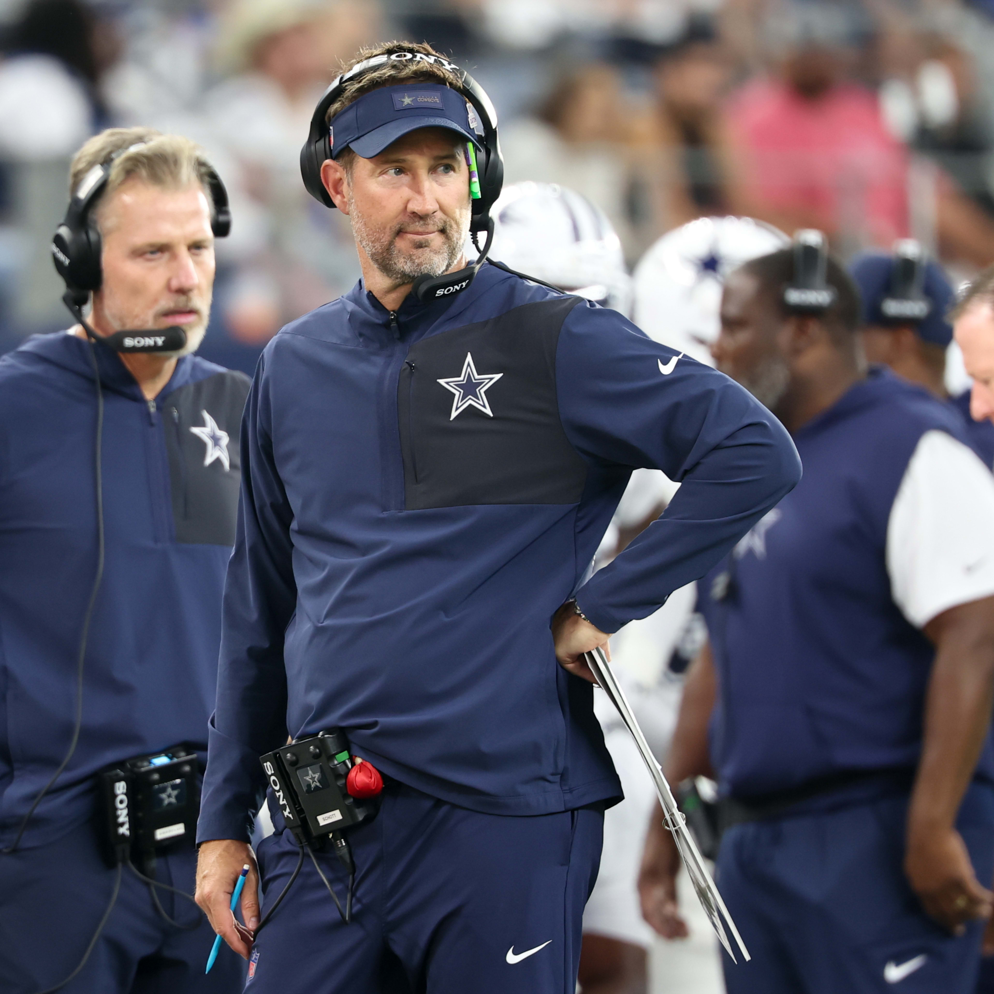 Oct 19, 2025; Arlington, Texas, USA; Dallas Cowboys head coach Brian Schottenheimer looks on during the third quarter of the game against the Washington Commanders at AT&T Stadium.