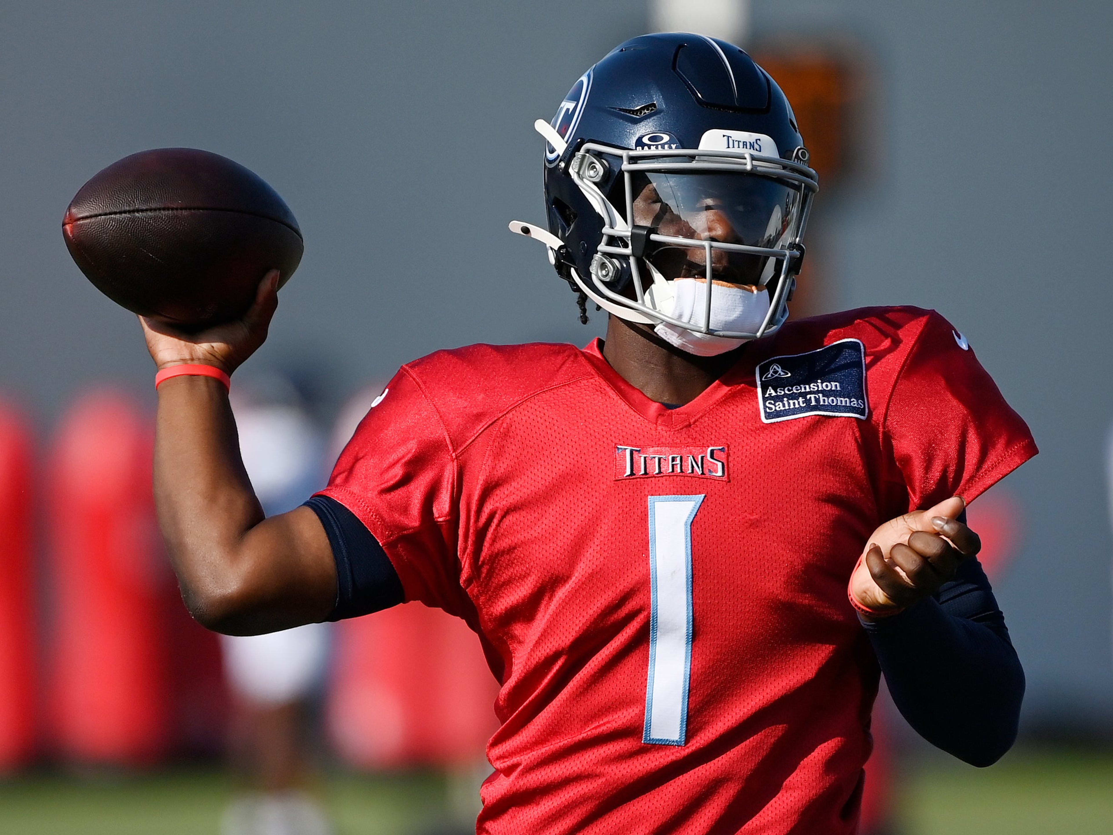 Tennessee Titans quarterback Cam Ward (1) throws the ball during an NFL football training camp practice at Ascension Saint Thomas Sports Park Saturday, Aug. 2, 2025, in Nashville, Tenn.
