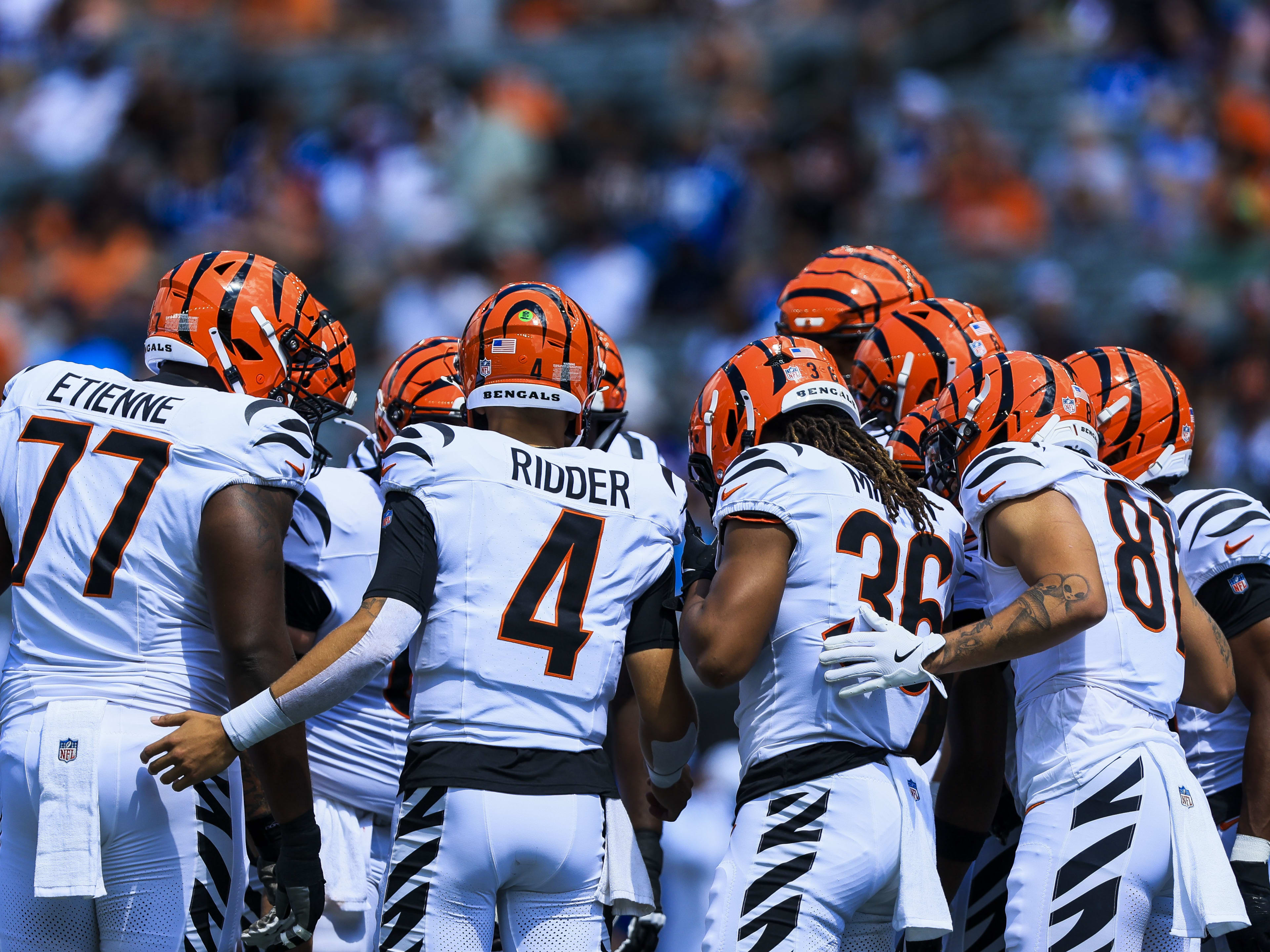 Aug 23, 2025; Cincinnati, Ohio, USA; Members of the Cincinnati Bengals huddle in the first half against the Indianapolis Colts at Paycor Stadium. Mandatory Credit: Katie Stratman-Imagn Images
