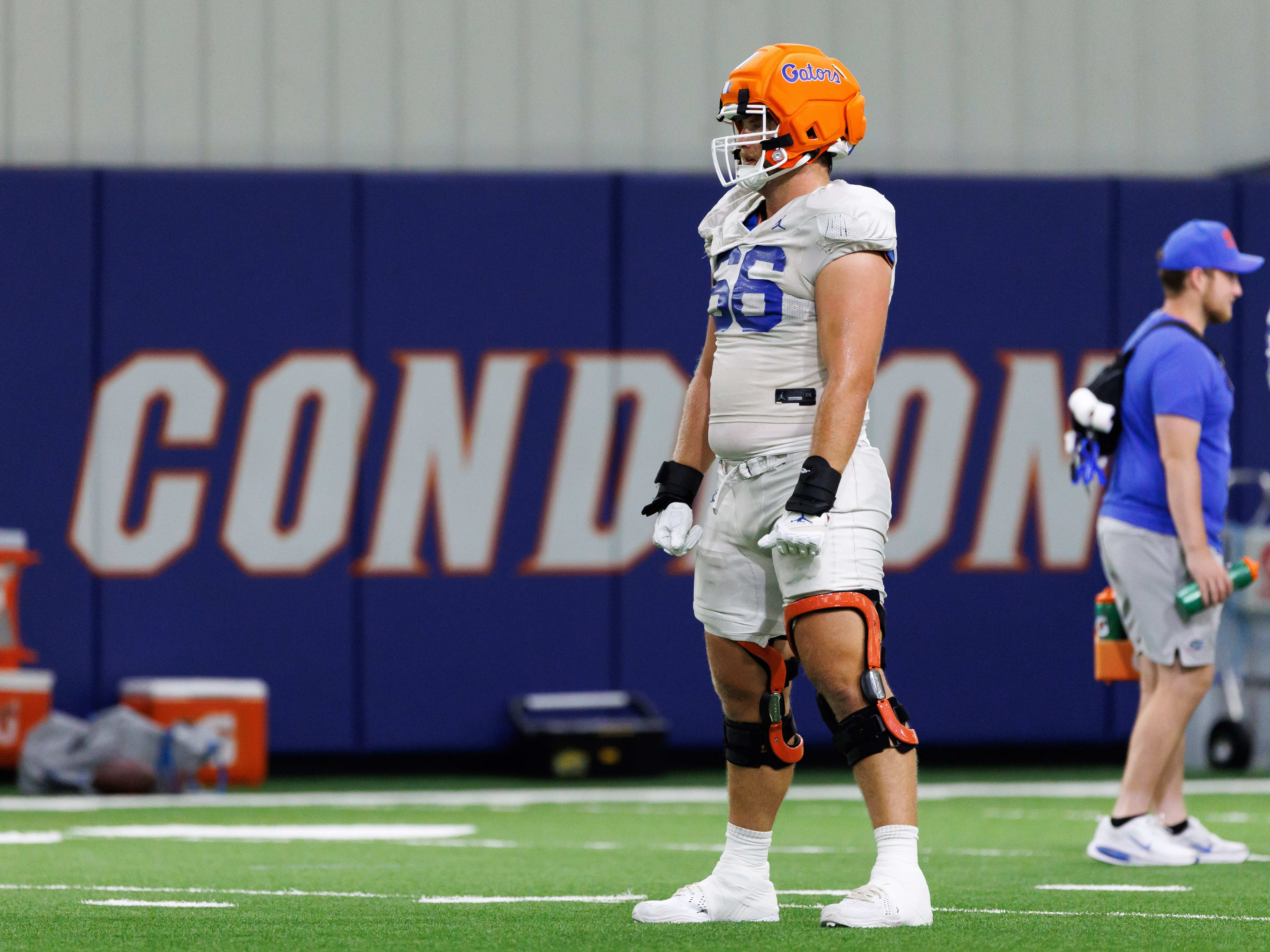 Florida Gators offensive lineman Jake Slaughter (66) looks on during fall football practice at Sanders Indoor Practice Fields at the University of Florida in Gainesville, FL on Thursday, August 7, 2025. [Matt Pendleton/Gainesville Sun] 
