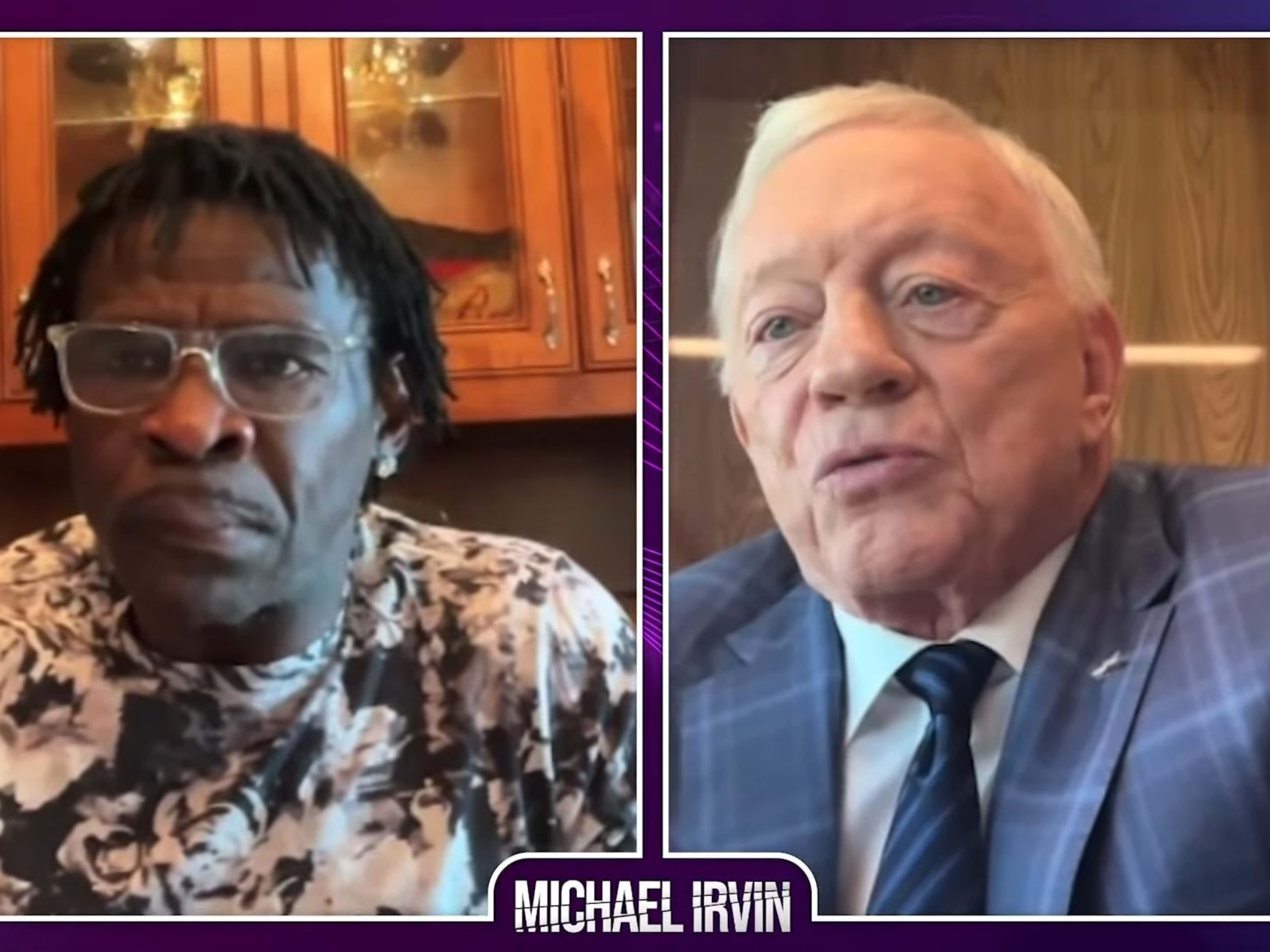 Dallas Cowboys owner Jerry Jones talks with Michael Irvin.