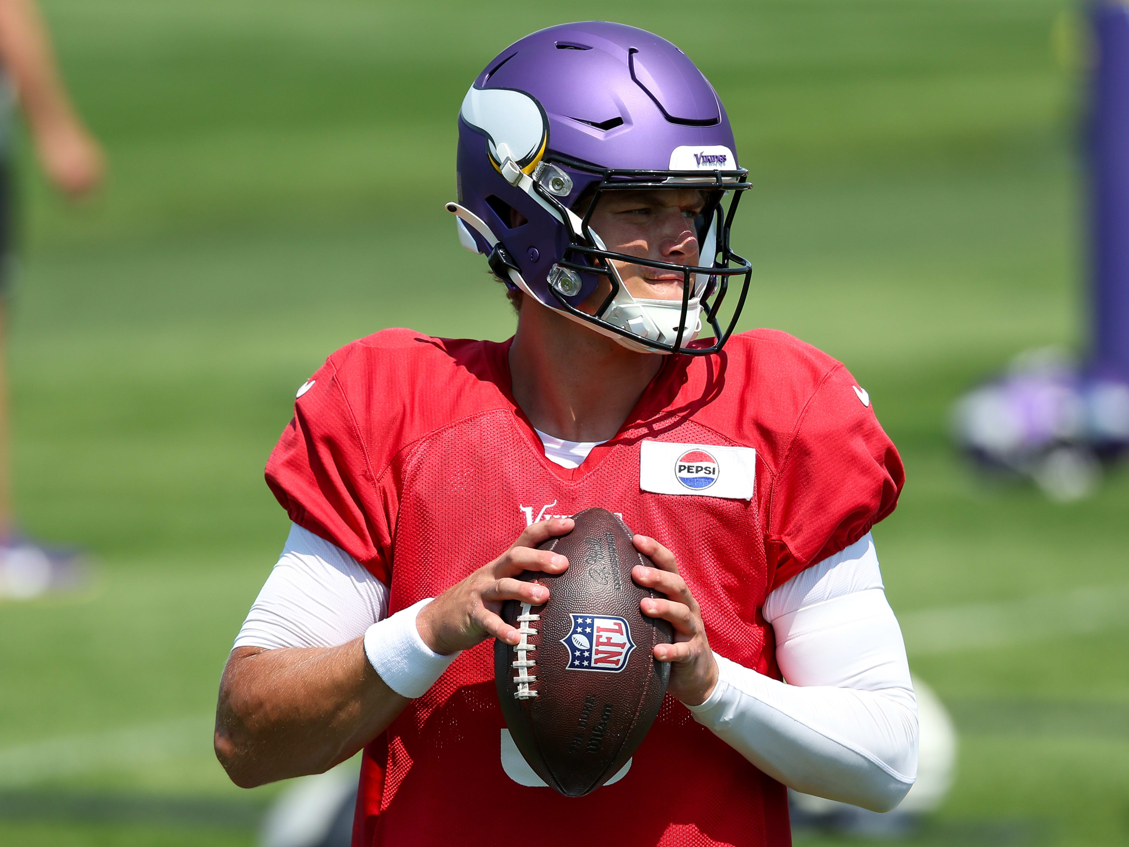 Jul 28, 2025; Eagan, MN, USA; Minnesota Vikings quarterback J.J. McCarthy (9) takes part in drills during the teams training camp at the Minnesota Vikings Training Facility. Mandatory Credit: Matt Krohn-Imagn Images
