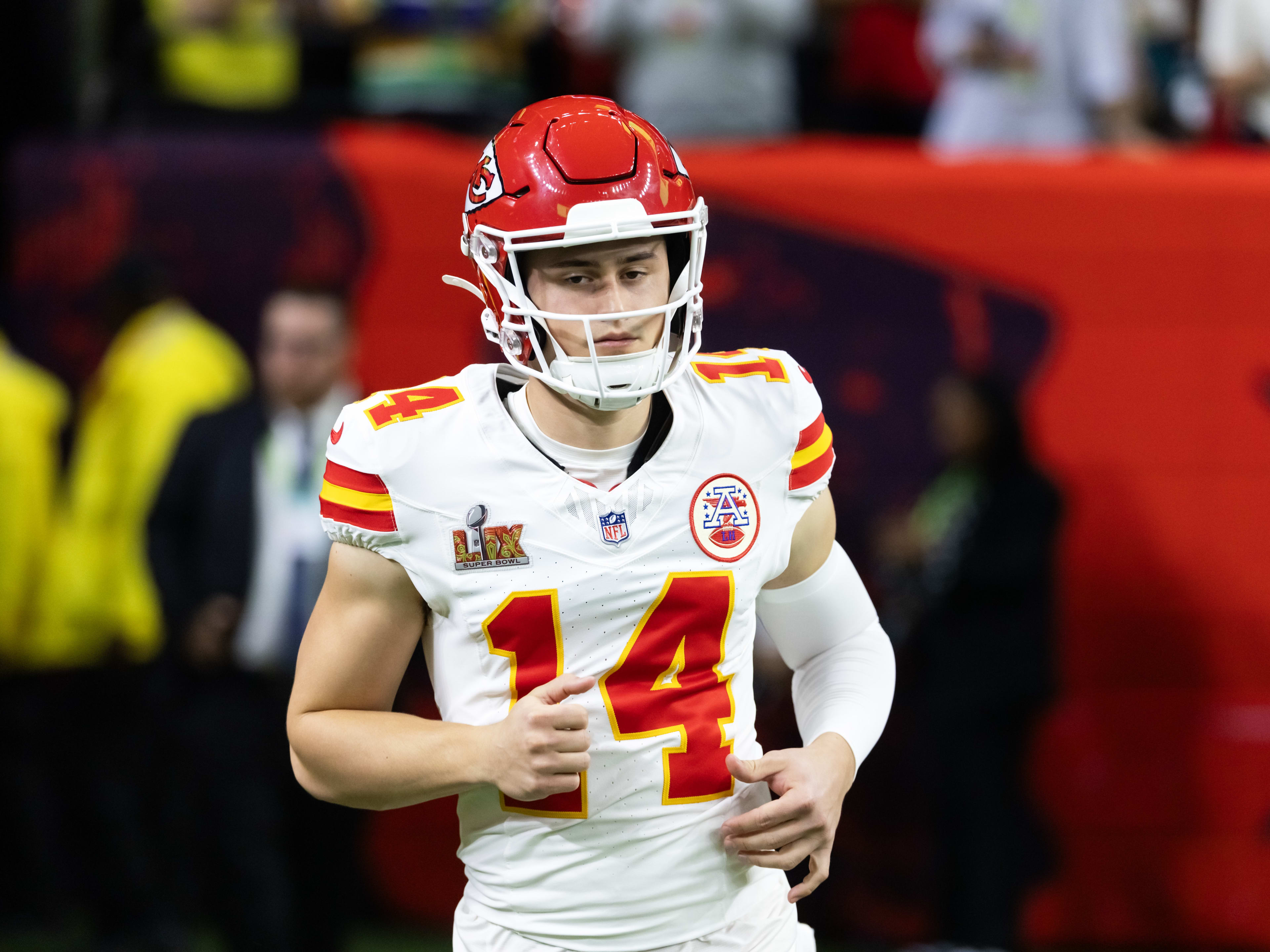 Kansas City Chiefs punter Matt Araiza (14) against the Philadelphia Eagles in Super Bowl LIX at Ceasars Superdome.