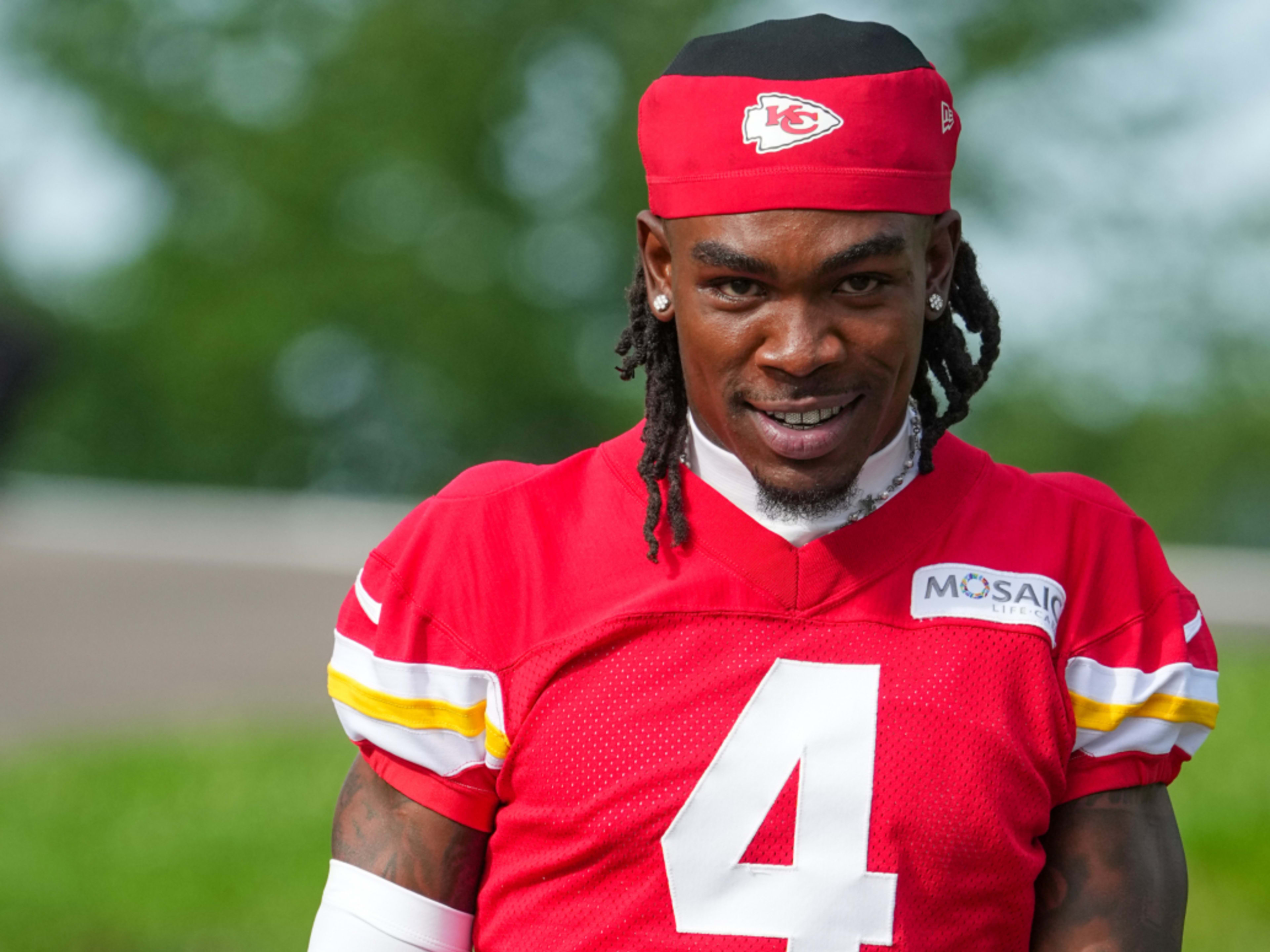 Jul 22, 2025; St. Joseph, MO, USA; Kansas City Chiefs wide receiver Rashee Rice (4) walks down the hill to the fields prior to training camp at Missouri Western State University. Mandatory Credit: Denny Medley-Imagn Images