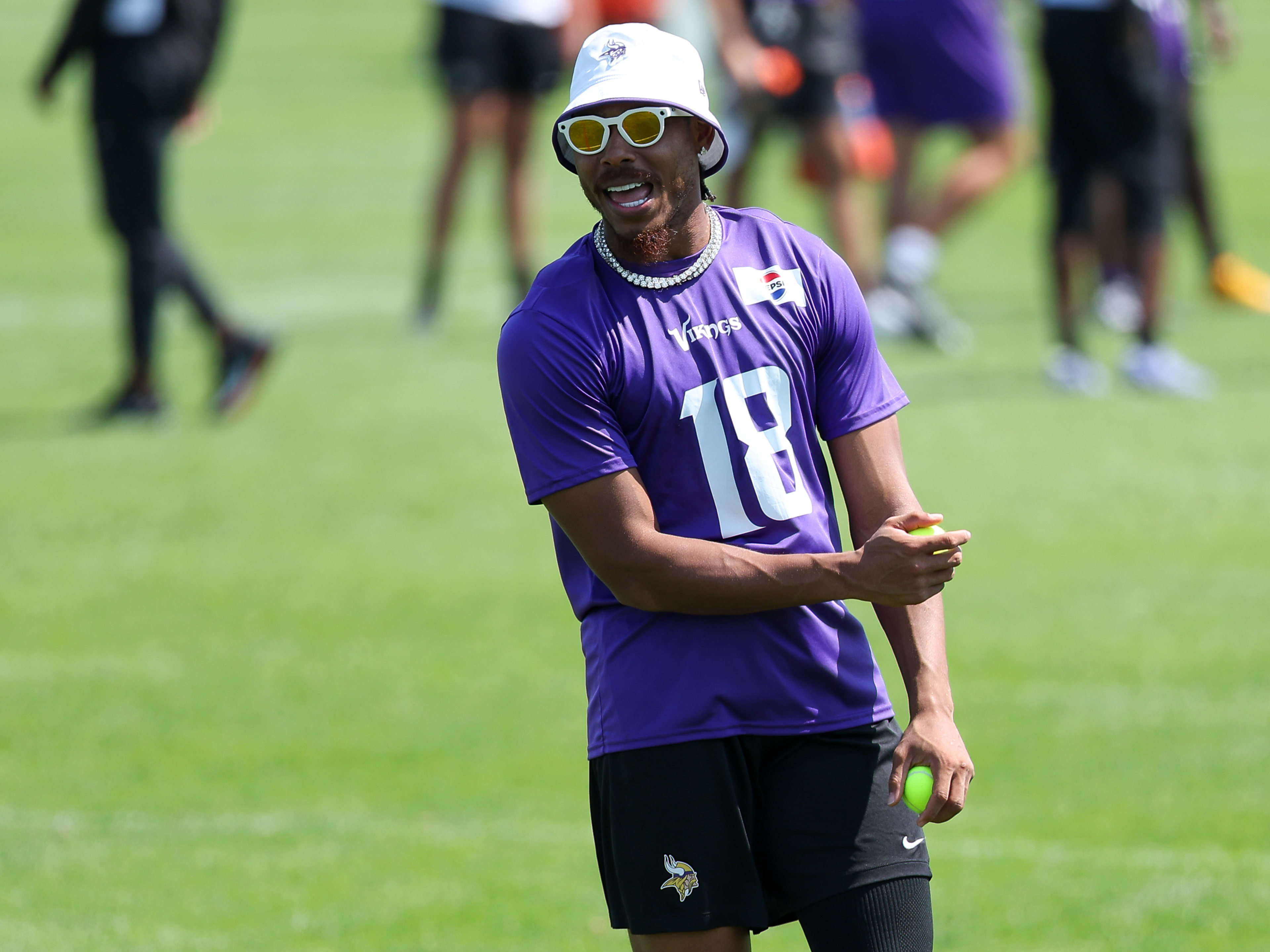 Jul 29, 2025; Eagan, MN, USA; Minnesota Vikings wide receiver Justin Jefferson (18) looks on during the teams training camp at the Minnesota Vikings Training Facility. Mandatory Credit: Matt Krohn-Imagn Images